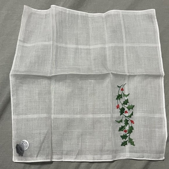 Vintage Desco Christmas Holly Embroidered Handkerchief w Tag - Picture 2 of 3